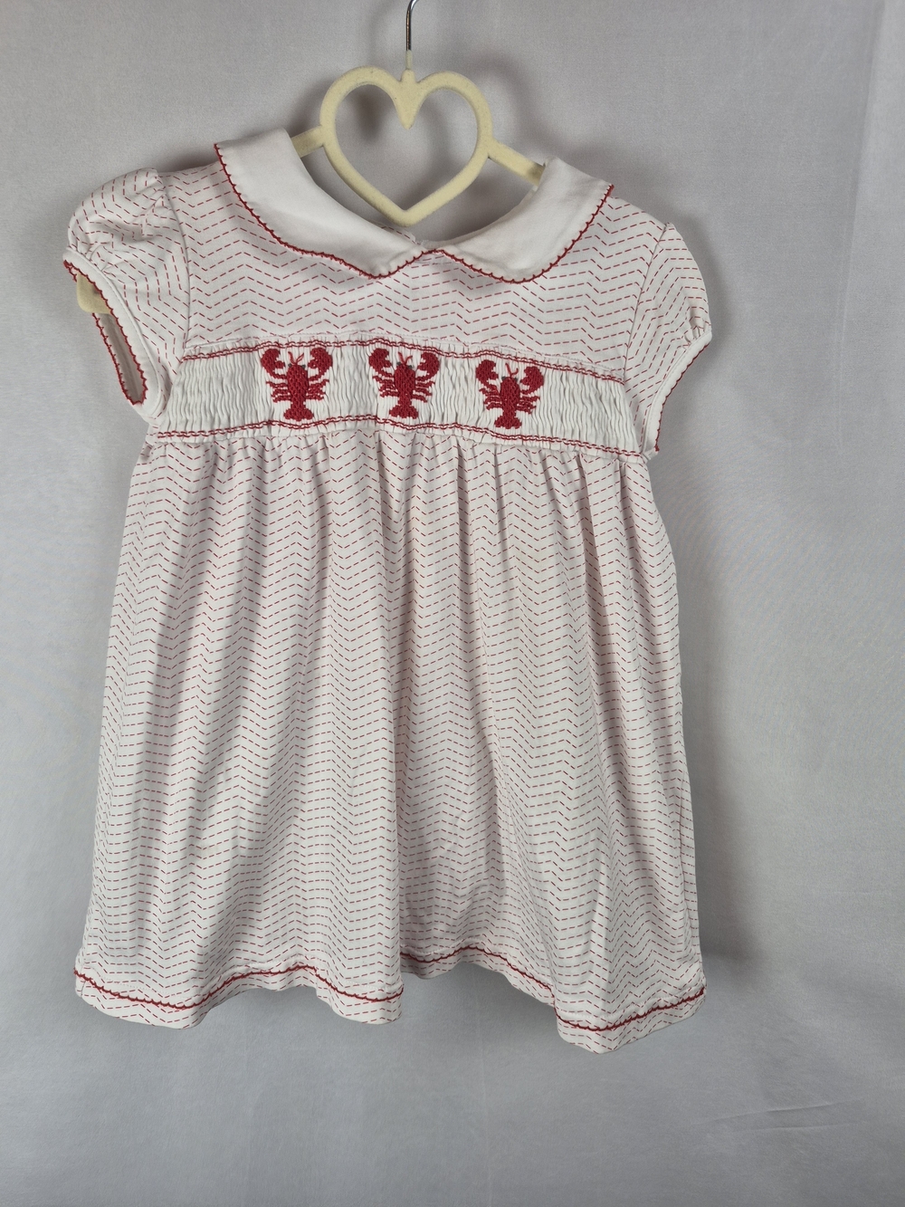 Magnolia Baby Girls White Cotton Smocked Dress with Lobster Embroidered Motif